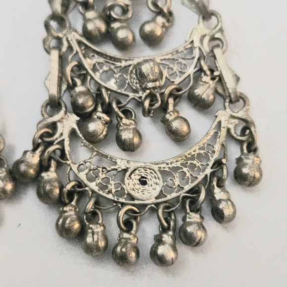 Vintage Handcrafted Intricate Ethnic Design Elegant Silver Chandelier Earrings - Picture 10 of 11